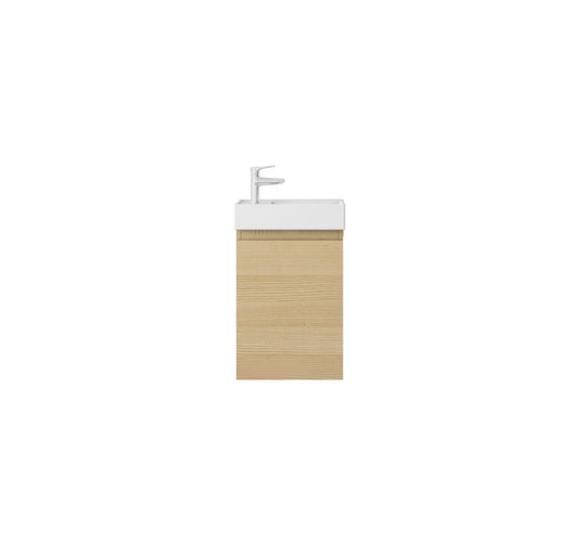 Mueble de baño Nurion Mees: lavabo blanco brillante y armario de madera clara, 41 x 22,5 x 65 cm.