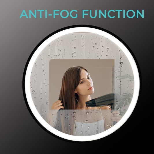 Espejo redondo de 80 cm con marco negro, iluminación LED y anti-condensación