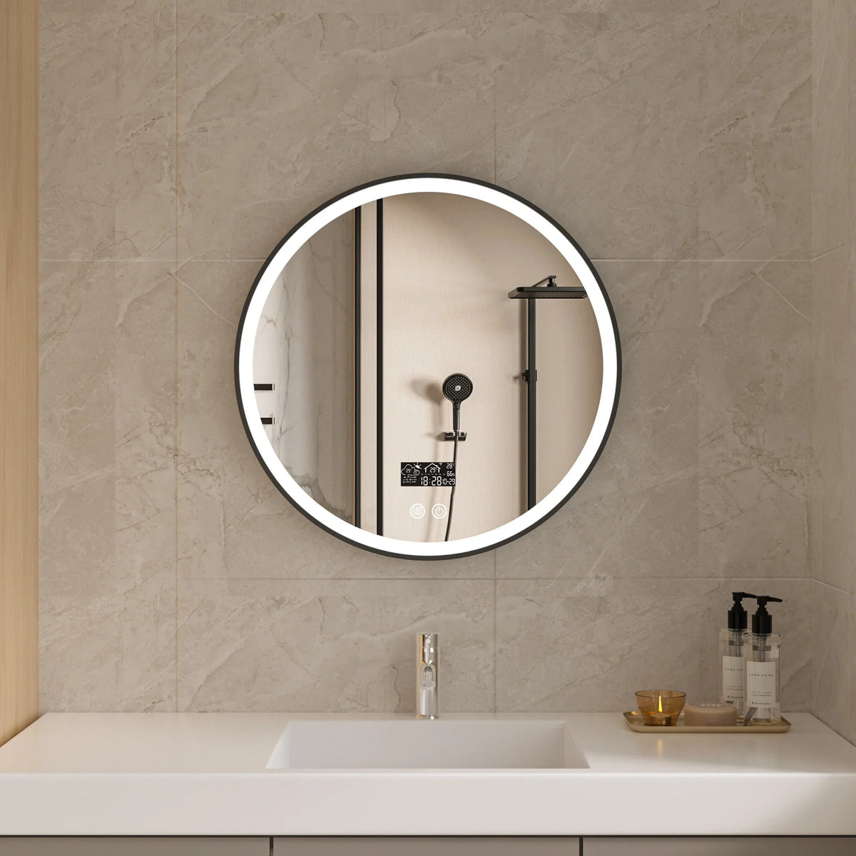 Round Mirror 60 cm black frame with LED Lighting, anti-fog and Wi-Fi