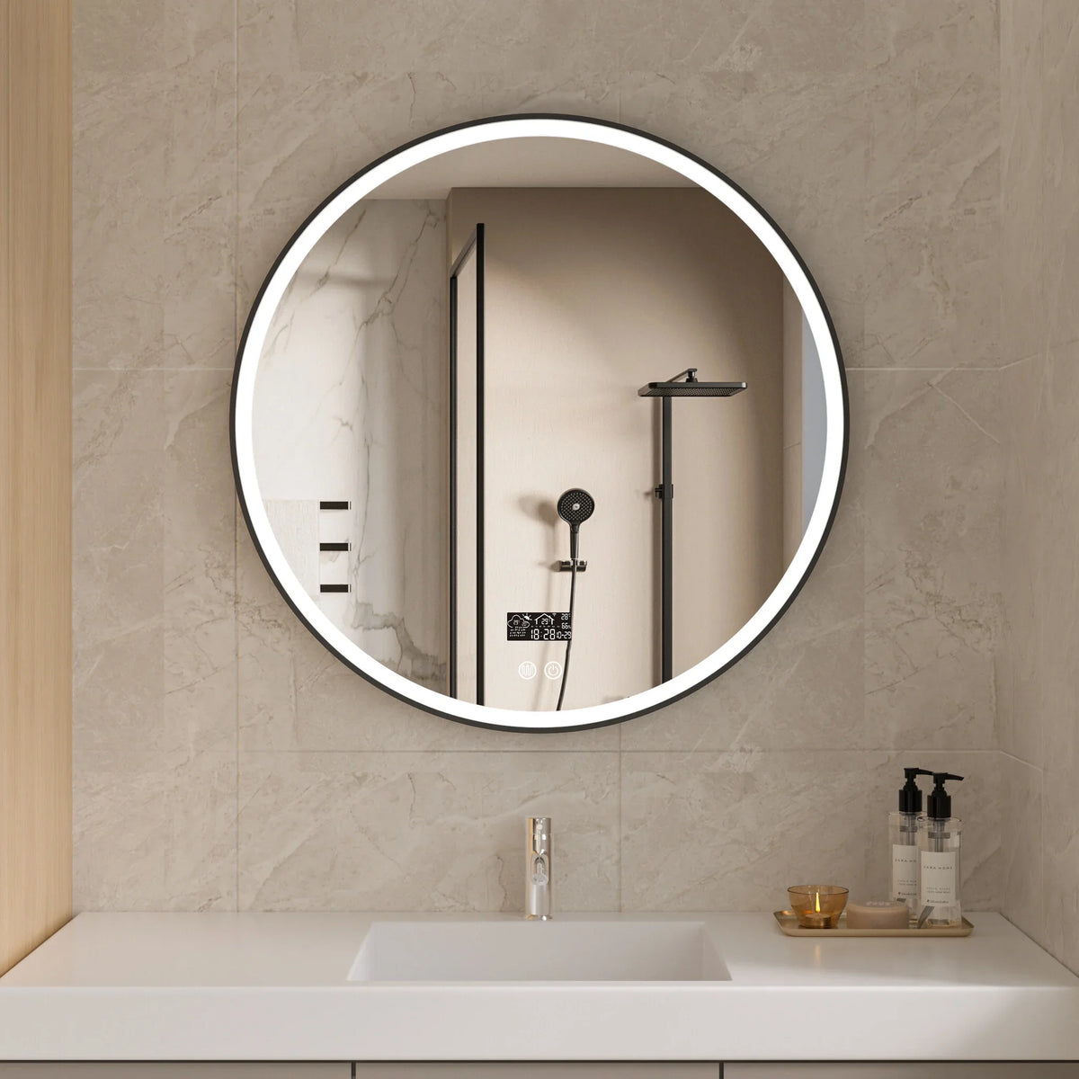 Mirror smart round 80 cm black frame with LED Lighting, anti-fog and wifi