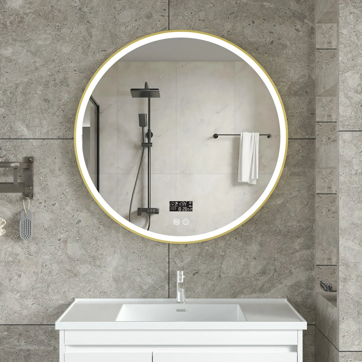 Mirror smart round 80 cm gold frame with LED Lighting, anti-fog and wifi