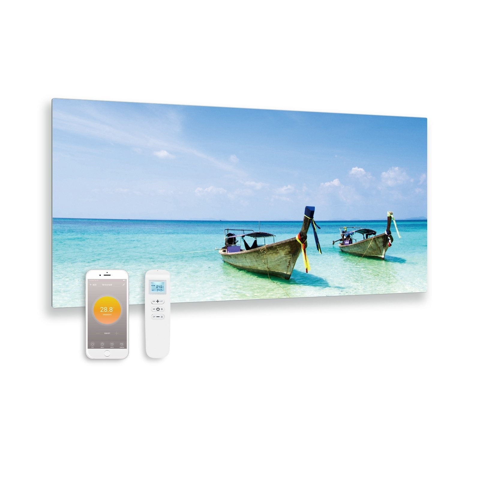 Panel infrarrojo de vidrio impreso con wifi y control remoto mar 119x59 700Watt