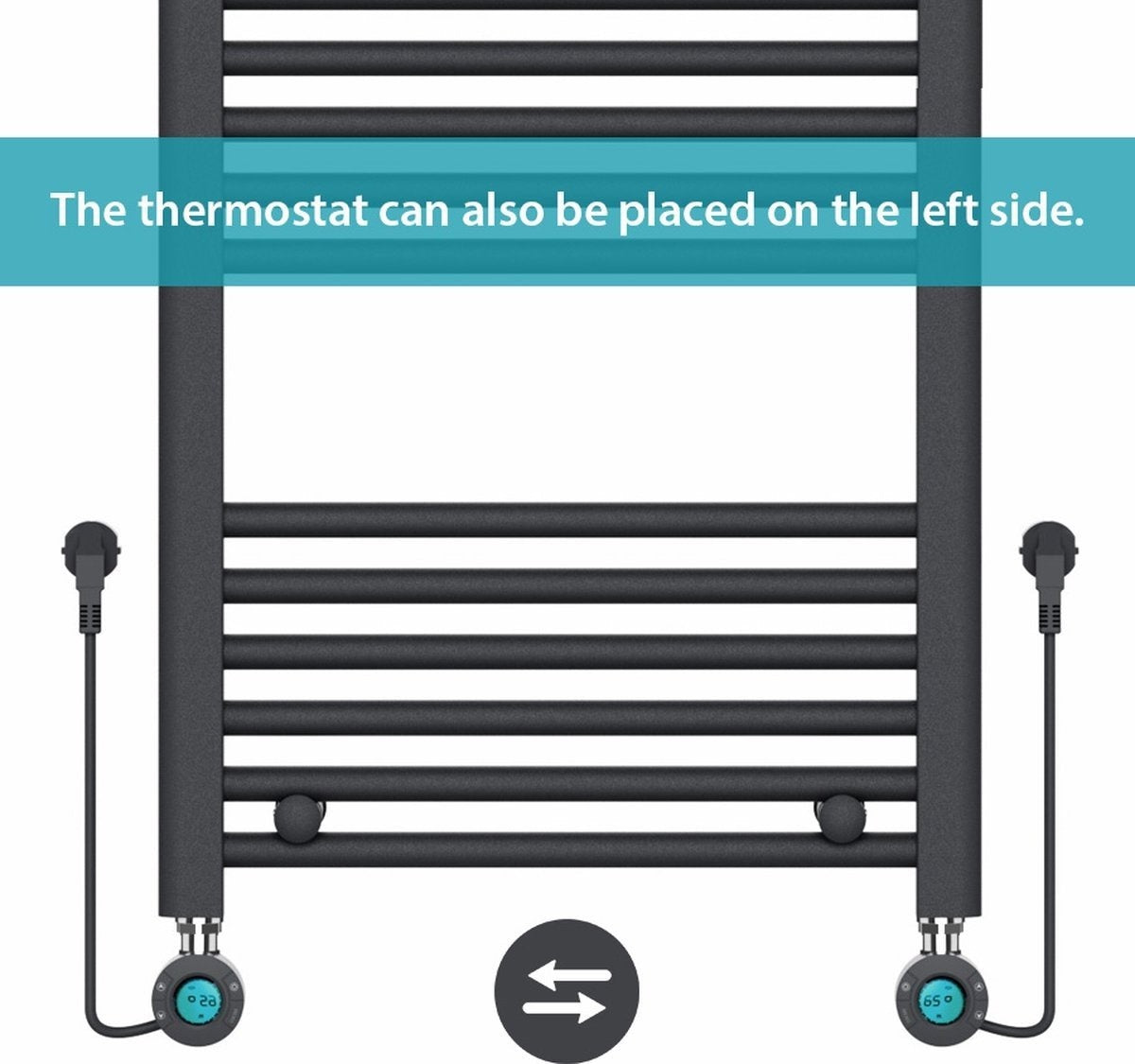 Radiador Eléctrico para Toallas con Termostato Digital - Radiador de Baño - 1200 × 500 mm - Negro Mate - 500 Watt