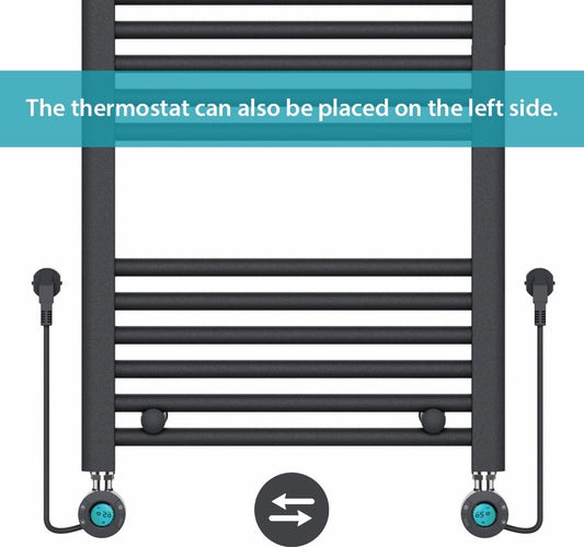 Radiador Eléctrico para Toallas con Termostato Digital - Radiador de Baño - 1200 × 500 mm - Negro Mate - 500 Watt