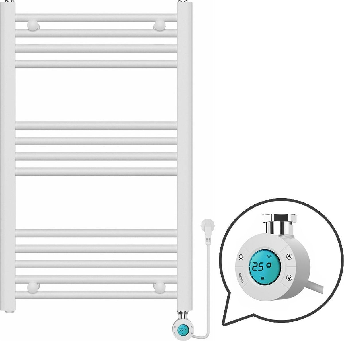 Radiador toallero Eléctrico con Termostato Digital - Radiador Baño - 800 × 500 mm - Blanco mate - 300 vatios