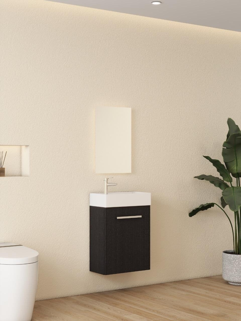 Mueble de baño Nurion Max - lavabo blanco brillante y armario de madera negro - 45 x 25 x 72 cm