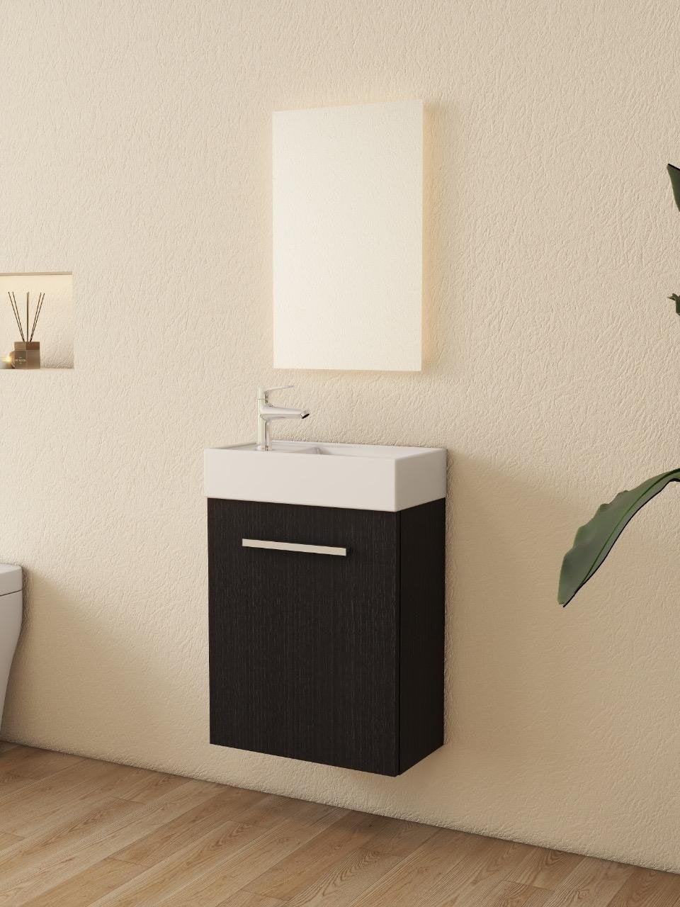 Mueble de baño Nurion Max - lavabo blanco brillante y armario de madera negro - 45 x 25 x 72 cm