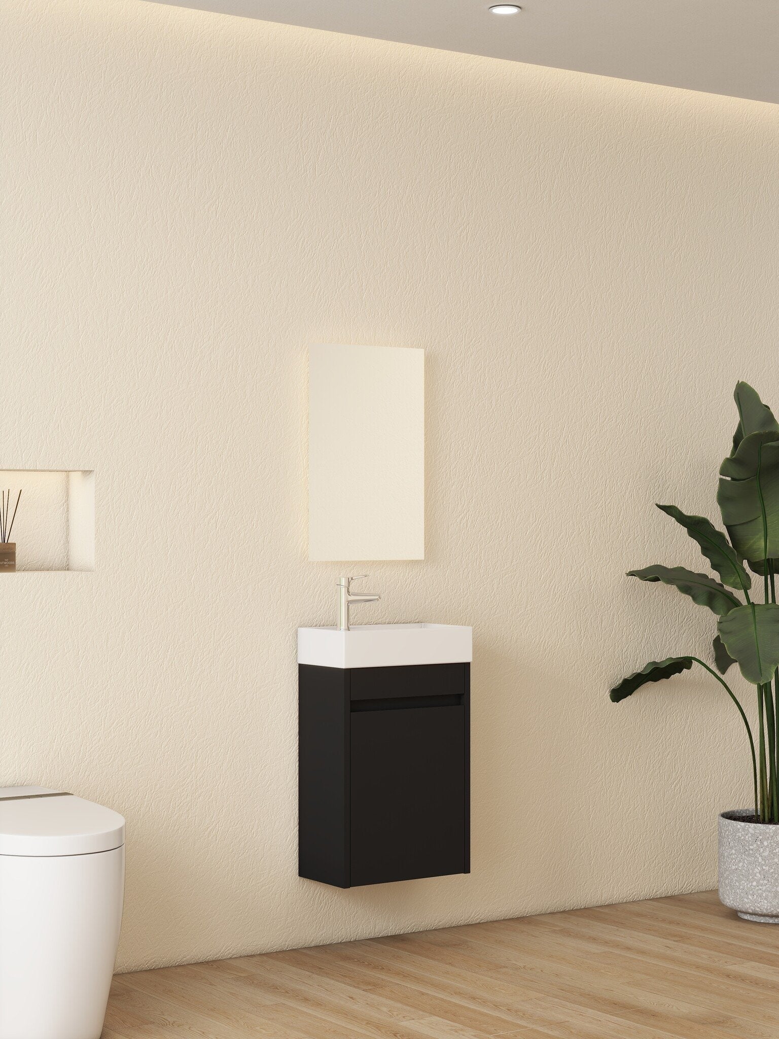 Mueble de baño Nurion Tess - lavabo blanco brillante y armario de madera negra - 41 x 22,5 x 65 cm