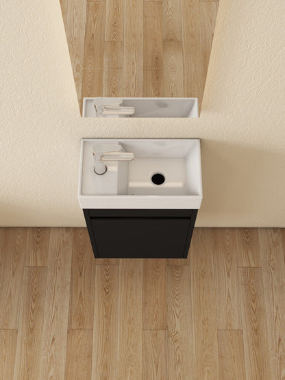 Mueble de baño Nurion Tess - lavabo blanco brillante y armario de madera negra - 41 x 22,5 x 65 cm