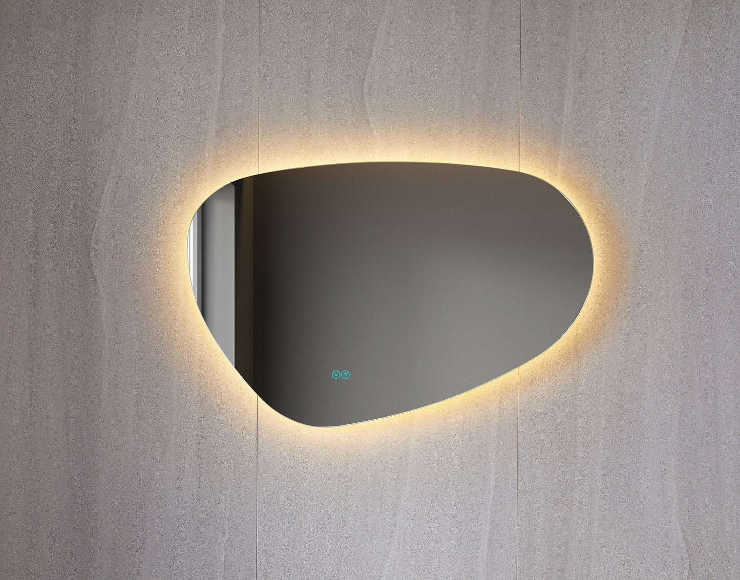 Espejo asimétrico orgánico con iluminación LED y anticondensación de 90 cm de ancho y 60 cm de alto