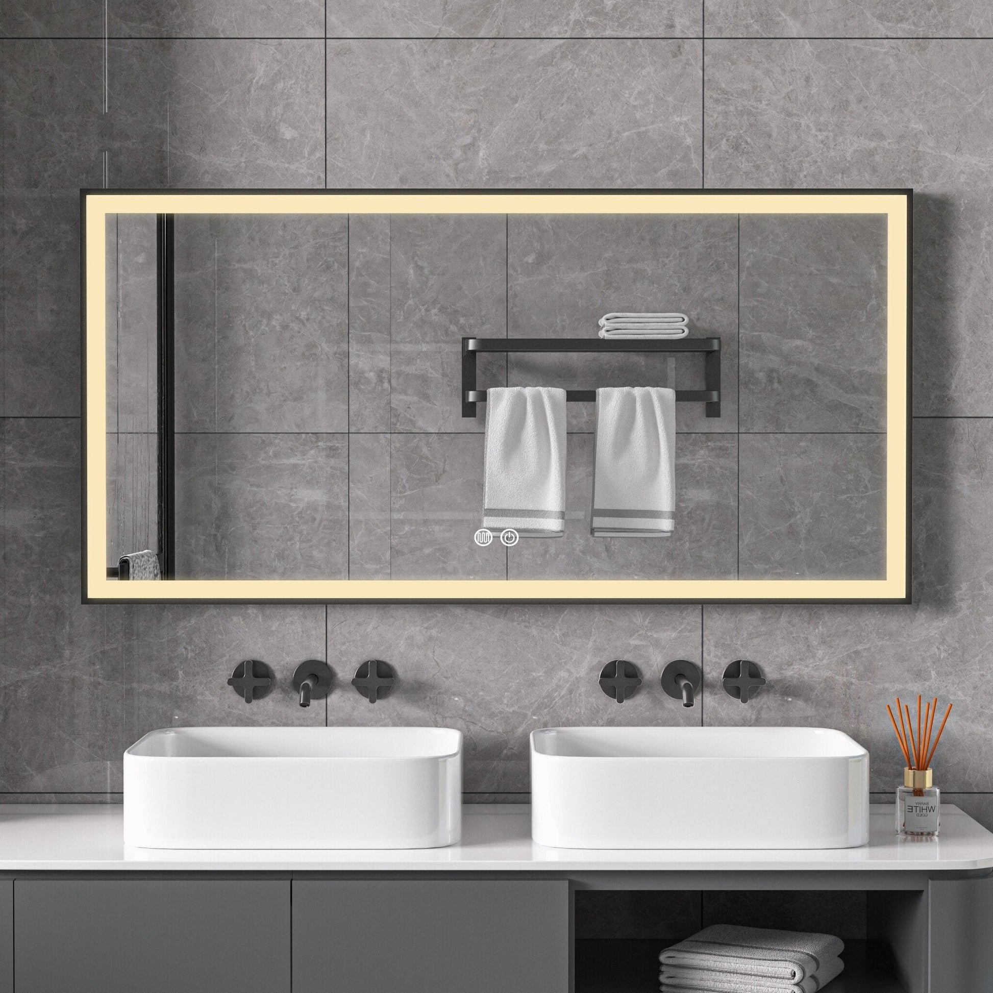 Espejo con marco negro, LED, antivaho 60 x 120 cm