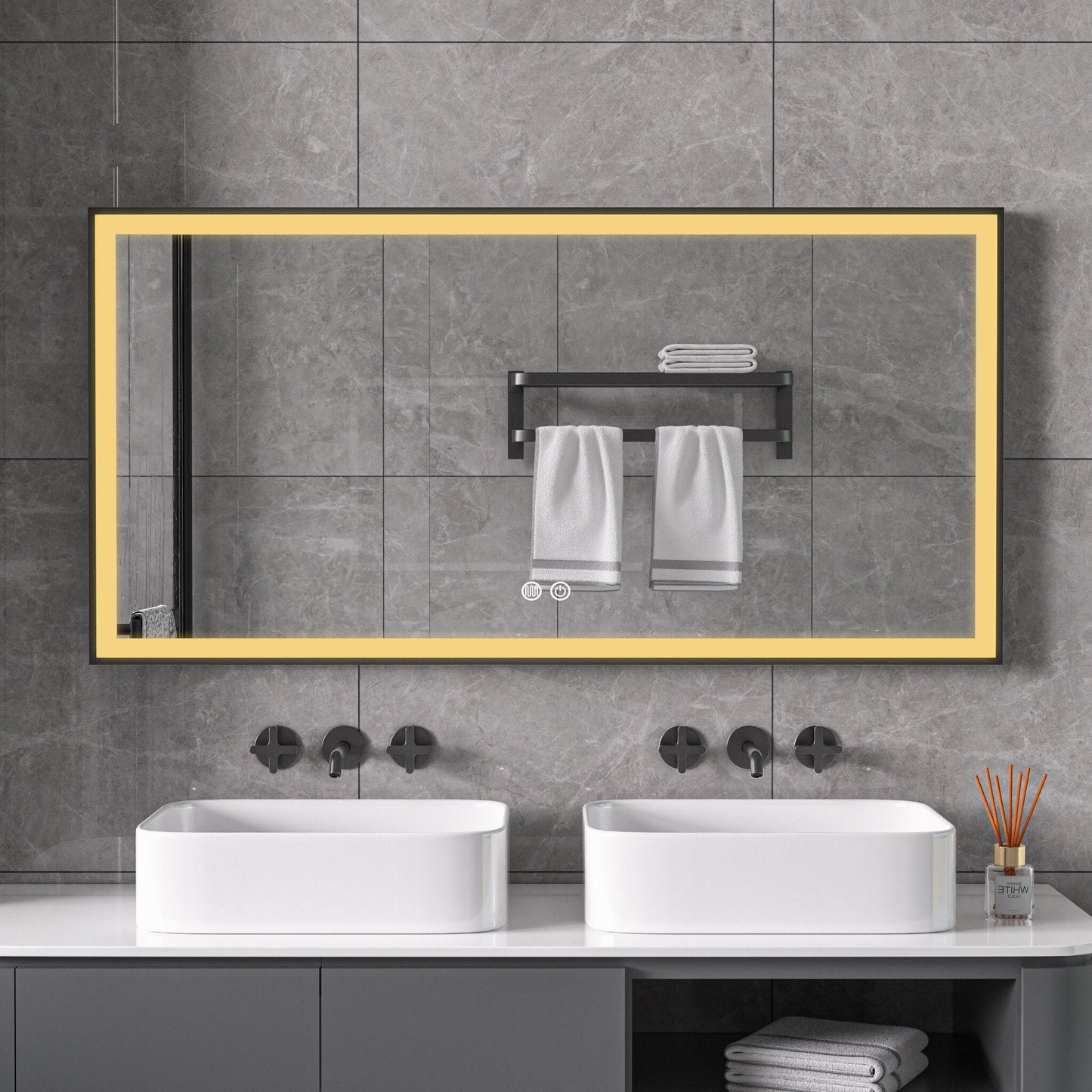 Espejo con marco negro, LED, antivaho 60 x 120 cm
