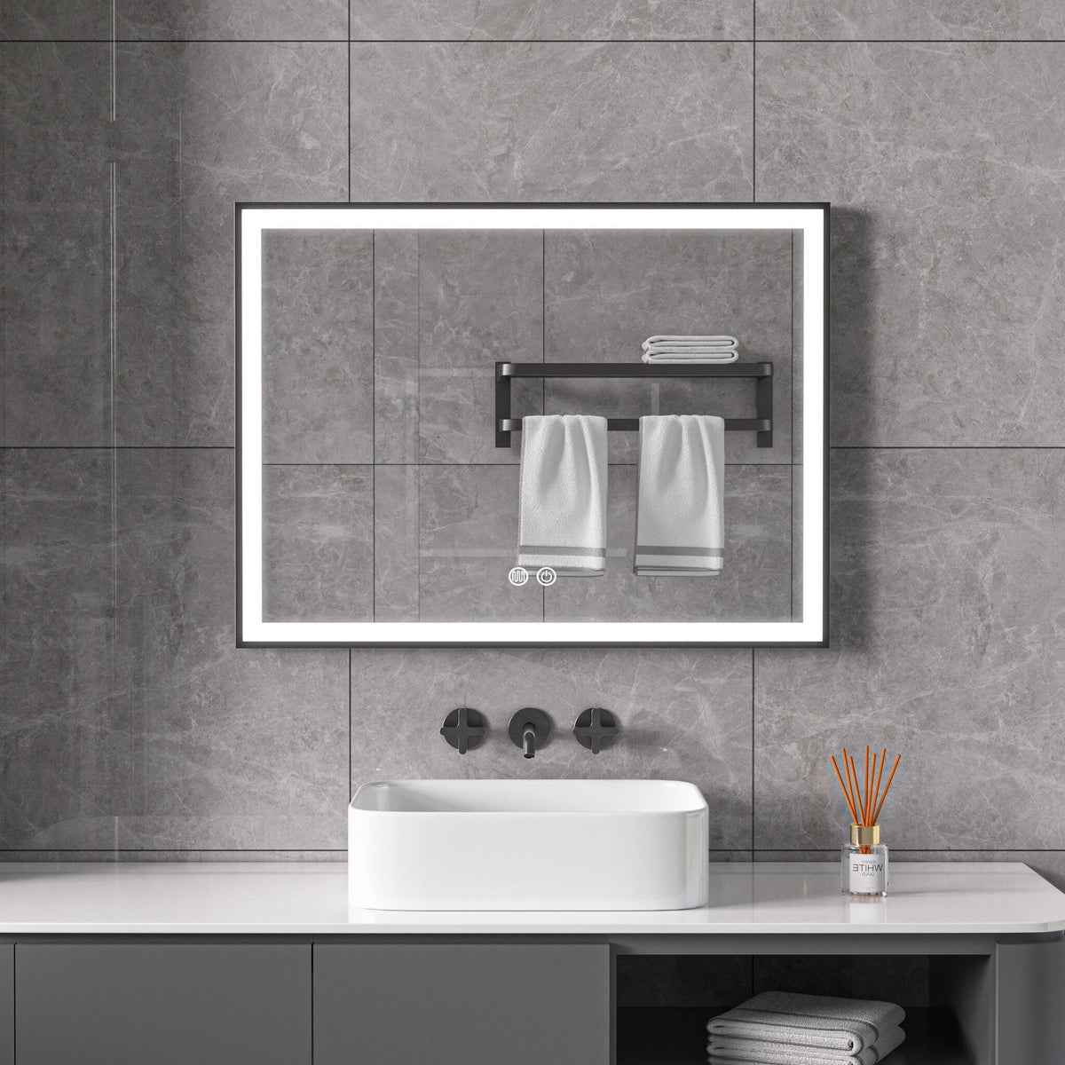 Mirror with frame Black, LED, anti-fog 60 x 80 cm