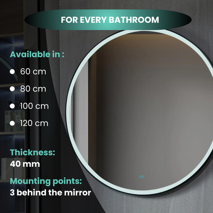 Espejo redondo de 60 cm con marco negro, iluminación LED y anti-condensación