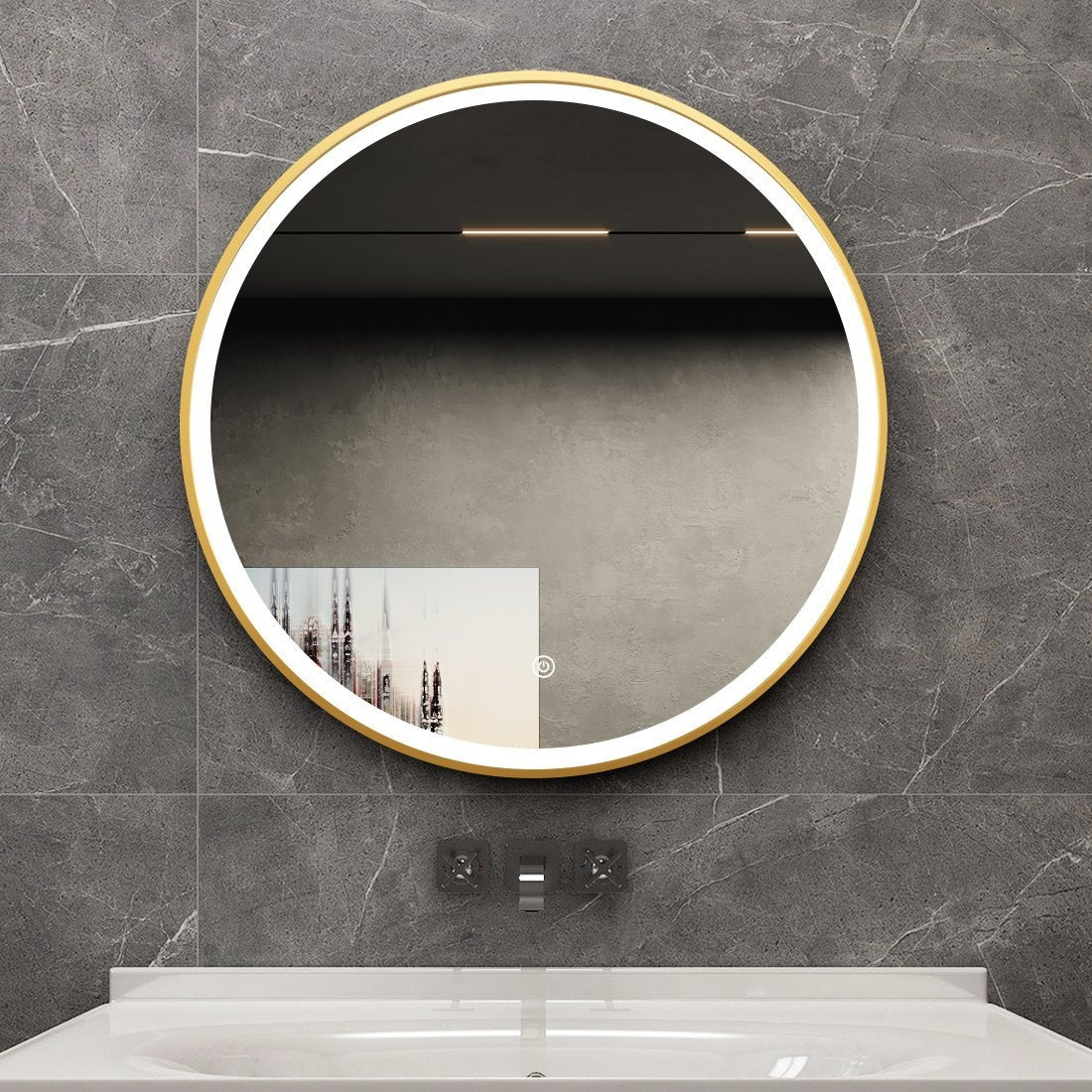 Spiegel rond 80 cm met gouden frame, led verlichting en anti condens