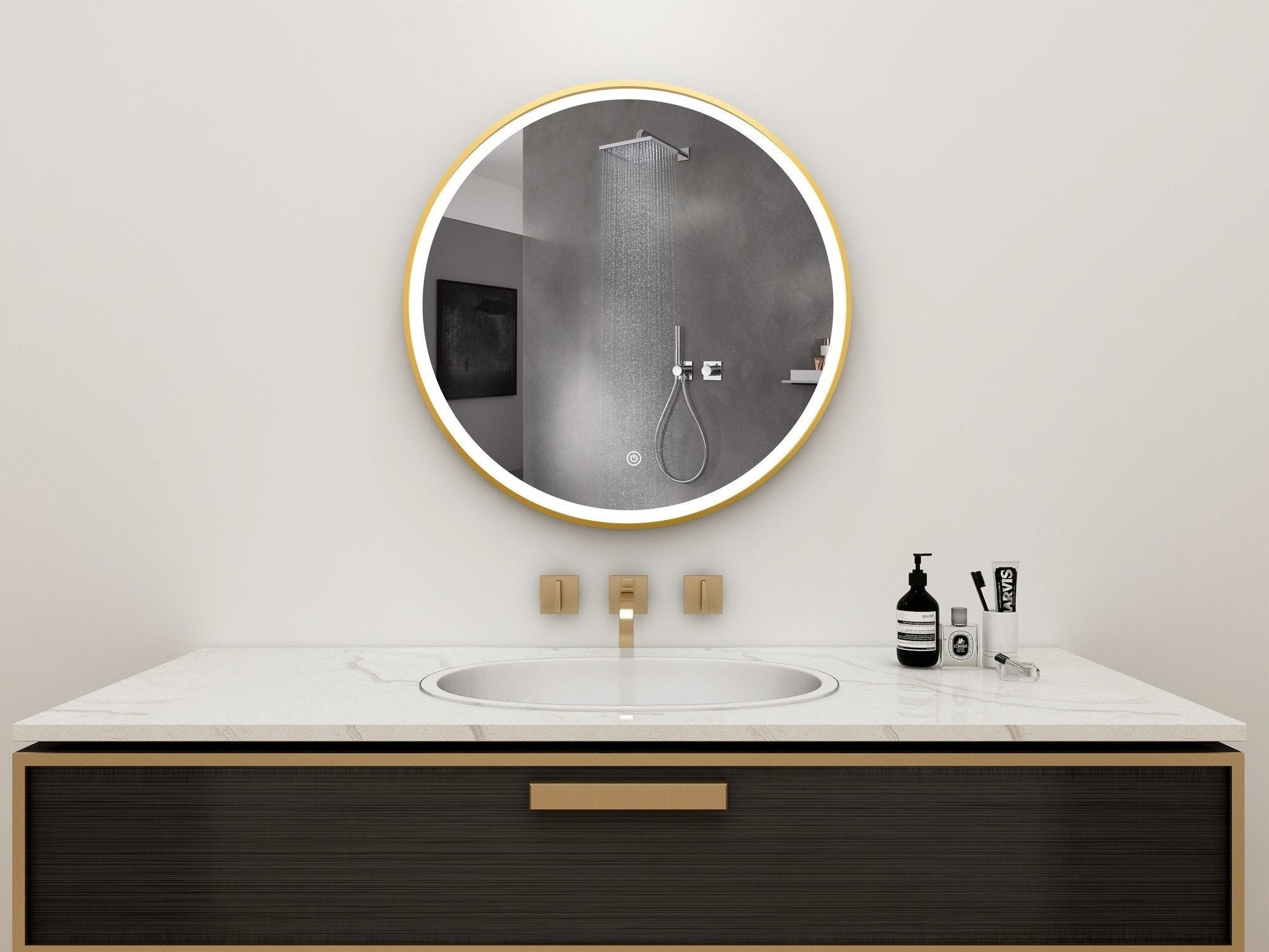 Spiegel rond 80 cm met gouden frame, led verlichting en anti condens