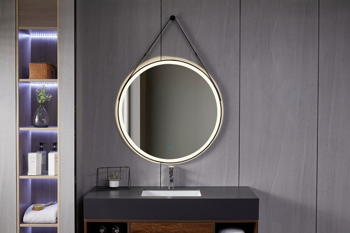 Round Mirror 80 cm with frame Black Fashion Strap, LED Lighting recessed and anti-fog