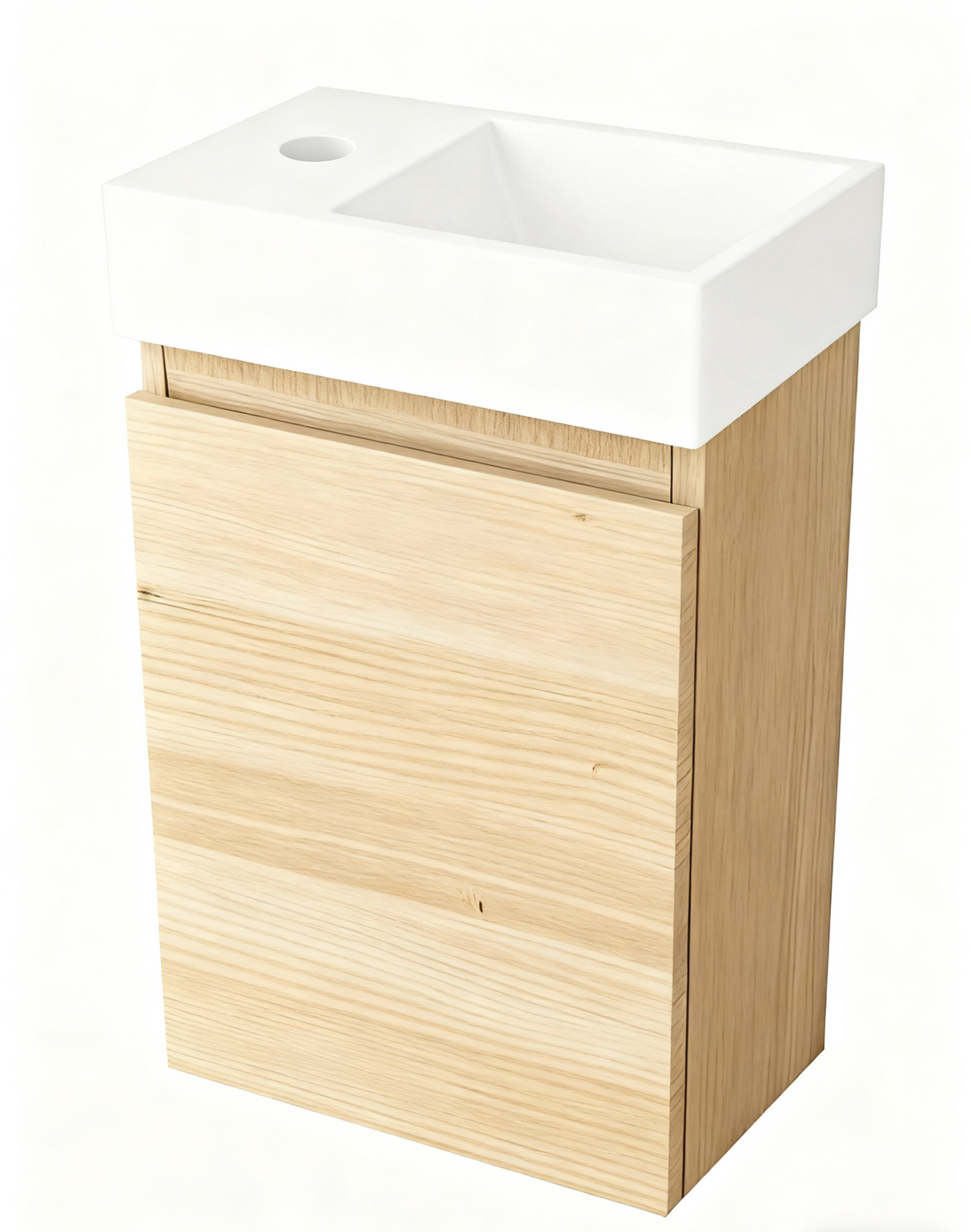 Nurion Mees Bathroom Vanity: White Glossy Basin and Light Wood Cabinet, 41 x 22,5 x 65 cm.